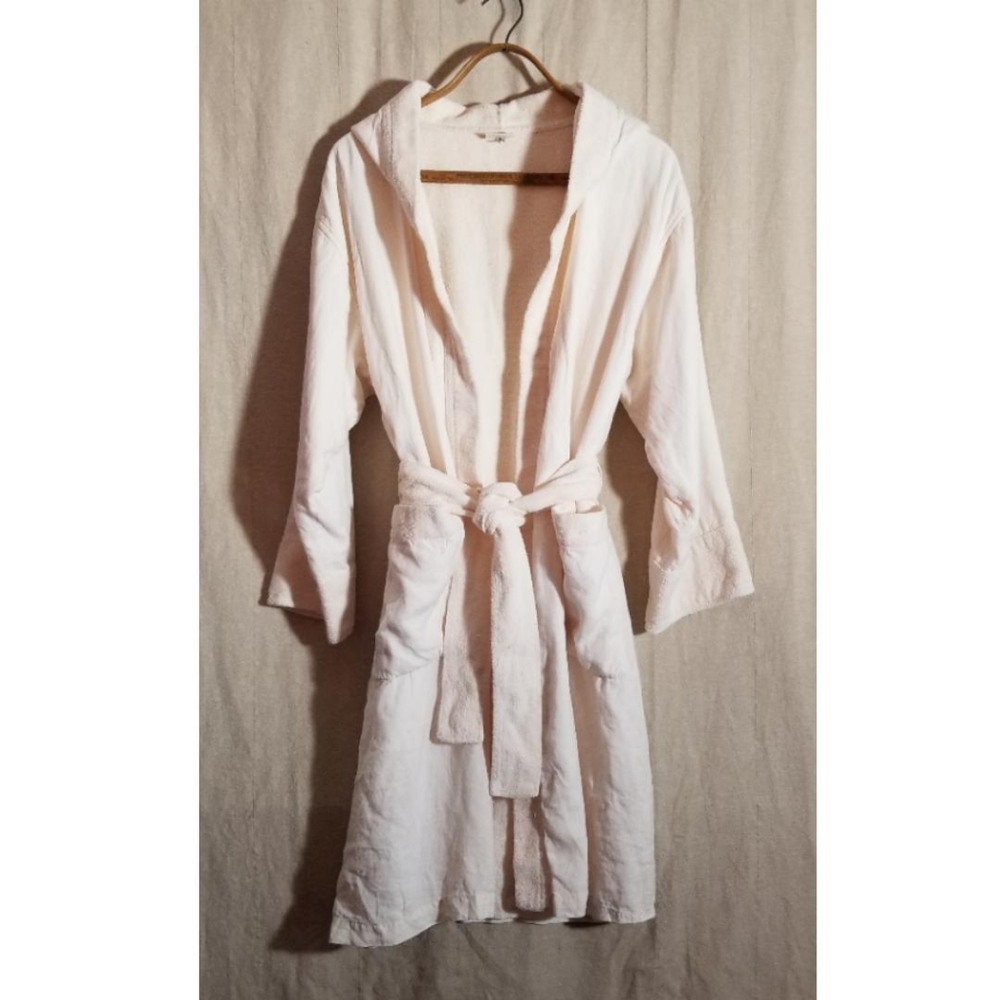 120% Lino Linen Terry Hooded Short Spa Bath Robe White Cream Unisex Medium Large